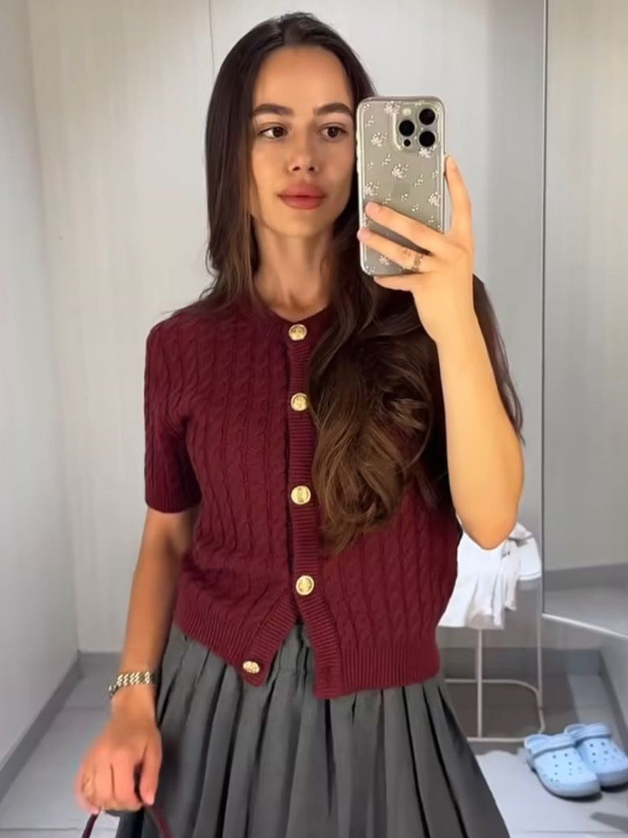 Single-breasted Cable-knit Sweater Short-sleeved Top
