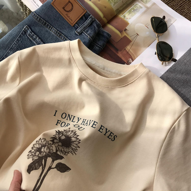Four-season Cotton Pattern Letter Print Pullover Short Sleeve Women