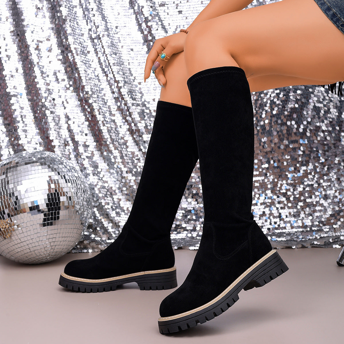 Large Size Round Toe Platform Below The Knee Boots
