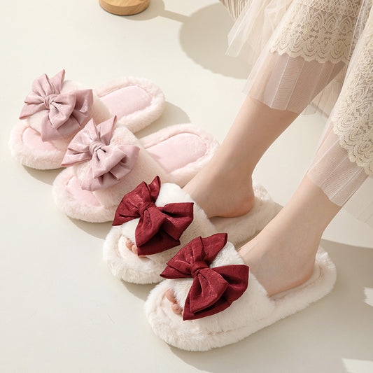 Bow Opening Cotton Slippers Home Plush