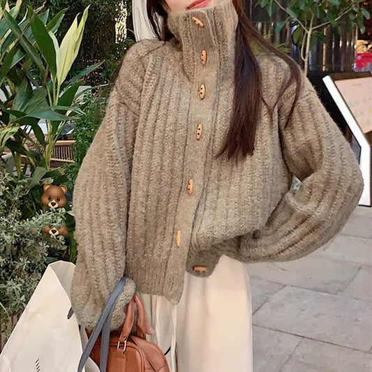 Retro Soft Design Horn Button Turtleneck Sweater