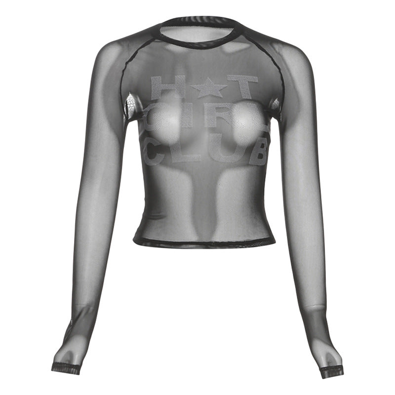 Ny Dame Mode Kort Top Med Rund Hals Blomsterprint Og Transparent Mesh Design