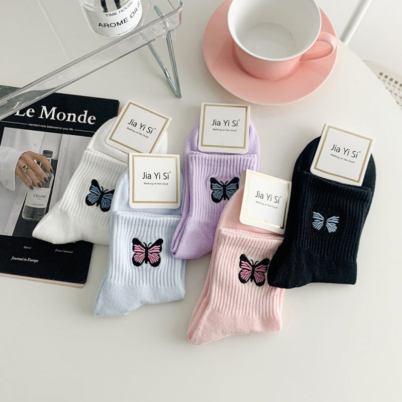 Women's Fashion Solid Color Butterfly Embroidered Mid-calf Socks
