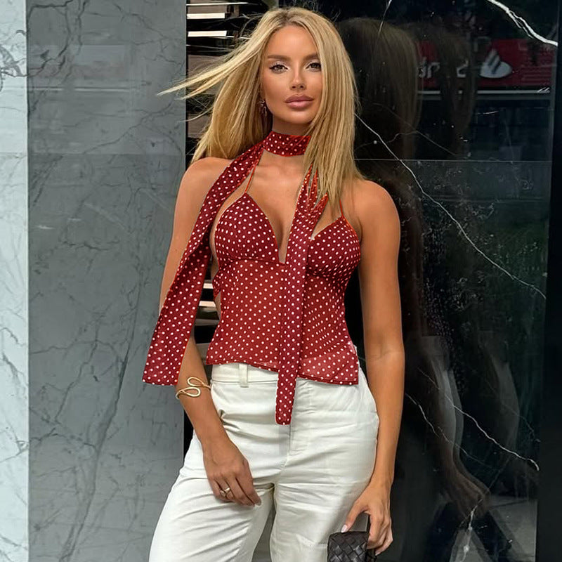 Polkaprikket dyb V-hals snøre lille rygløs tube-top-vest