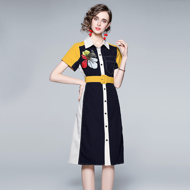 Printed Embroidery Lapel Short Sleeved Shirt Dress