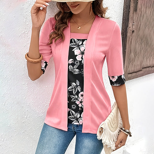 Womens Faux Two-piece Short-sleeve Printed Top