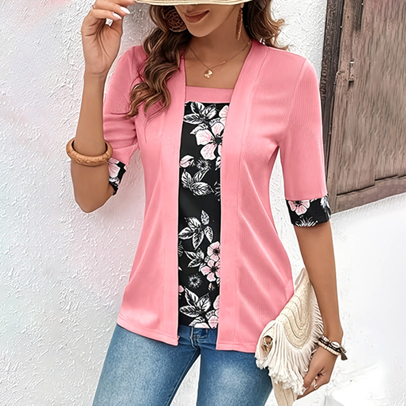 Womens Faux Two-piece Short-sleeve Printed Top