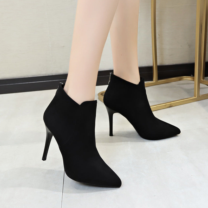 Short boots women's high heel slim heel pointed back zipper Plush boots