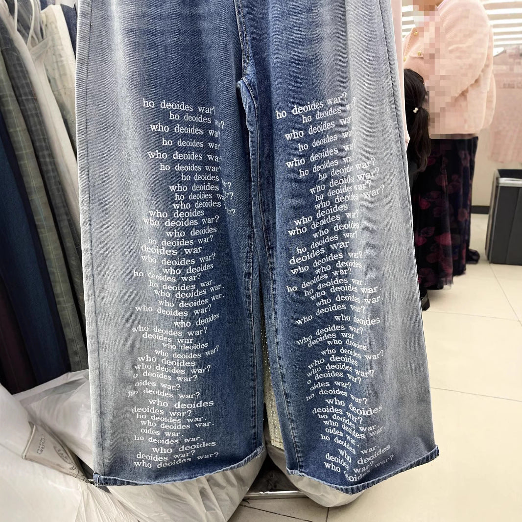 Shadow Washed Slim Fit Letter Wide Leg Jeans