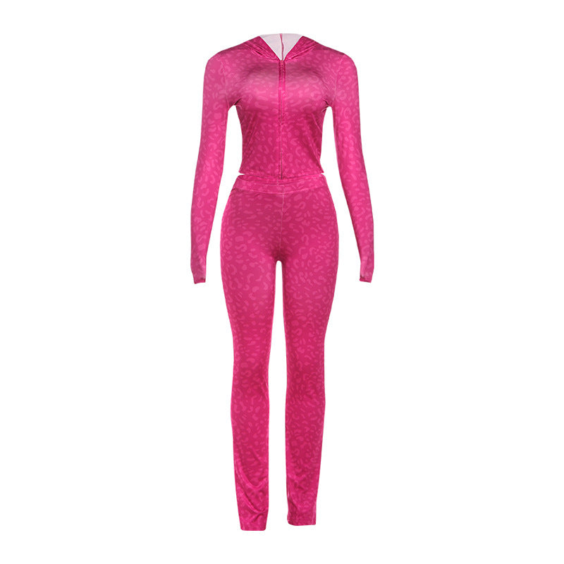 Leopard Print Sporty Slim-fit Pants Two-piece Set