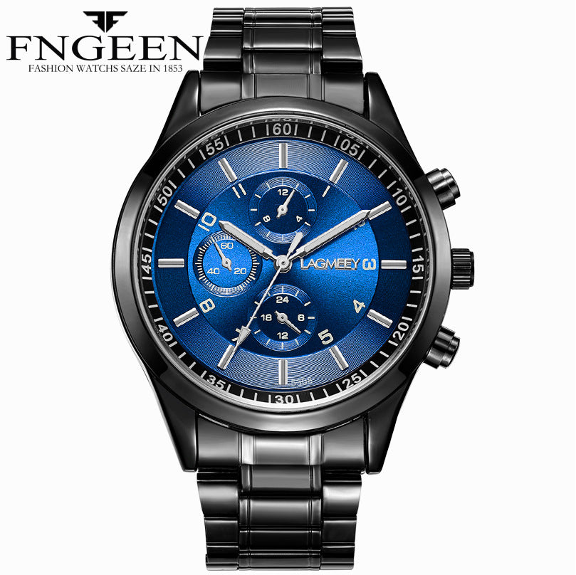 Korean students ultra-thin men's black steel belt sports luminous waterproof explosion three eyes, imitation six needle black watches