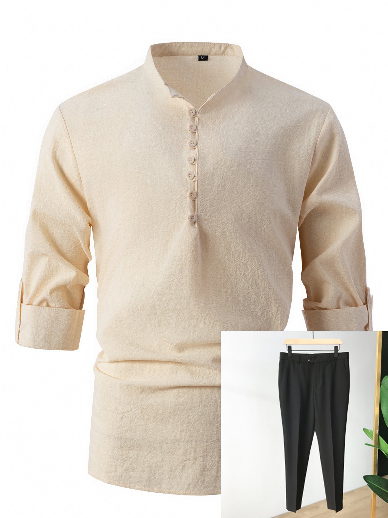 Fashion Retro Men's Spring And Autumn Cotton And Linen Stand Collar Business Slim Casual Shirt