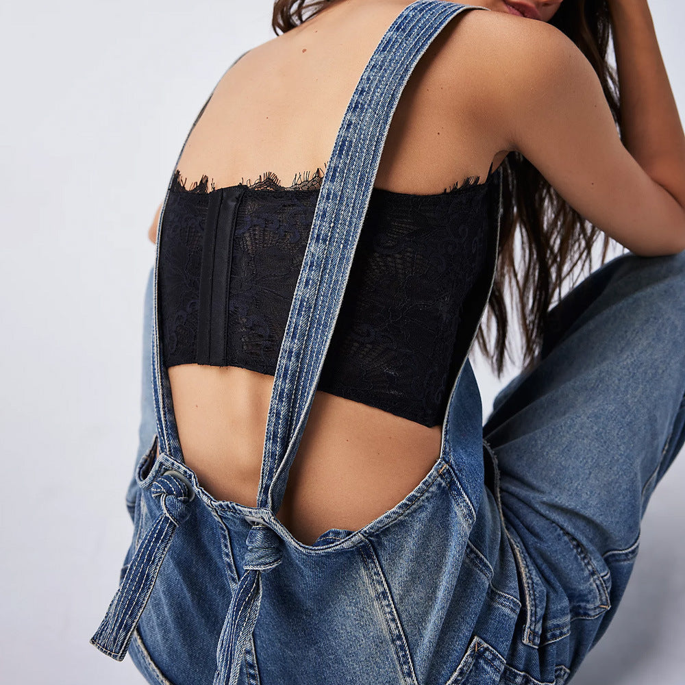 Pocket Sling Adjustable Strap Wide-leg Overalls Denim Jumpsuit