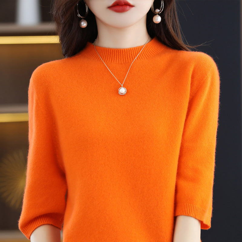 Pure Wool Women's Half Turtleneck Short Pullover Base Knitwear Three-quarter Sleeve Sweater