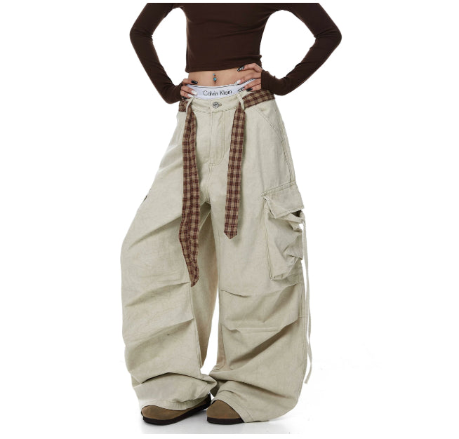 Womens Plaid Belted Stacked Distressed Straight-Leg Wide-Leg Pants