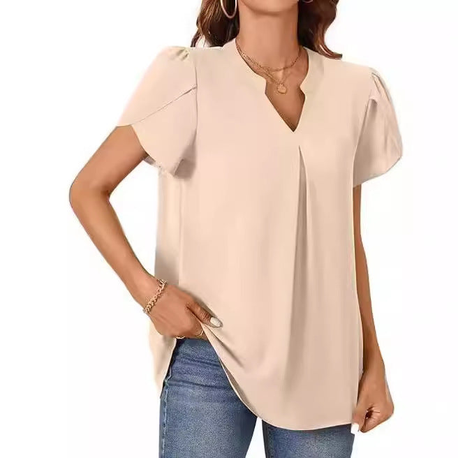 Kvinders enkle moderigtige løse V-hals t-shirt med kronbladsærmer og korte ærmer