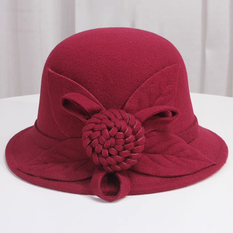 Korean Style Autumn And Winter Women's Woolen Hat Flowers British Retro Fisherman Basin Hat
