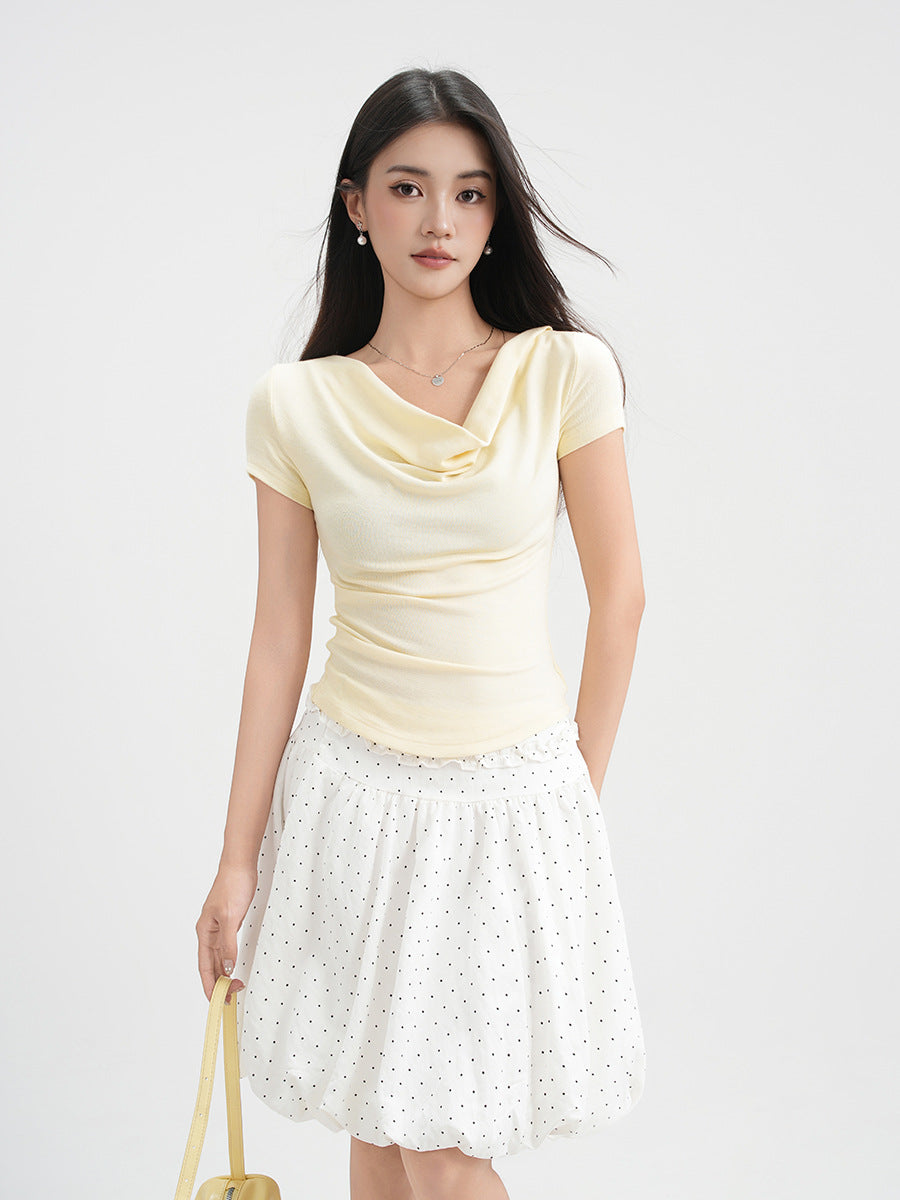 French One-shoulder Draped Neckline Short Sleeve Top
