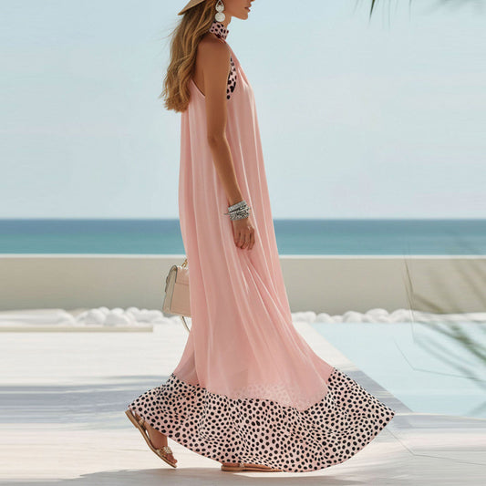 Mesh Contrast-color Halter Maxi Dress Sleeveless Casual Sundress