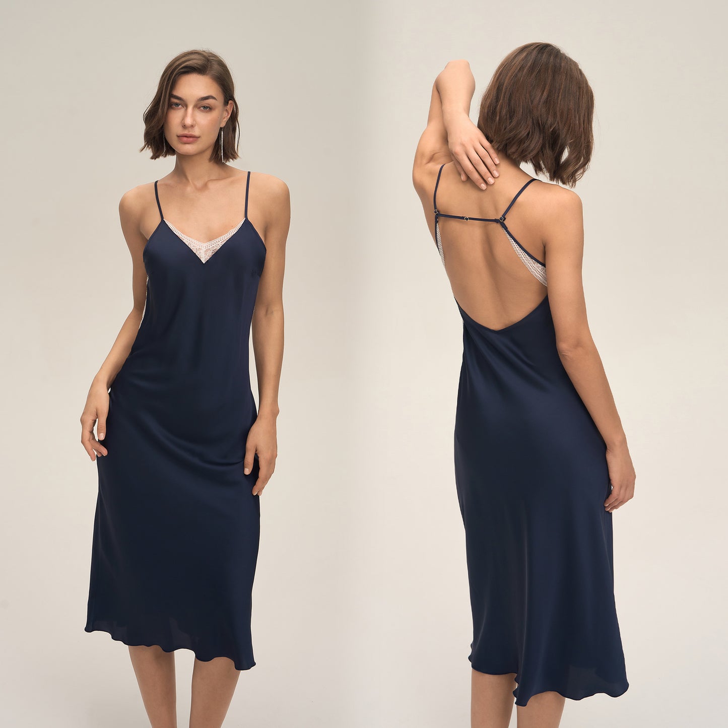 New Satin Chiffon Mid Length Lace Slip Nightgown With A Backless Design