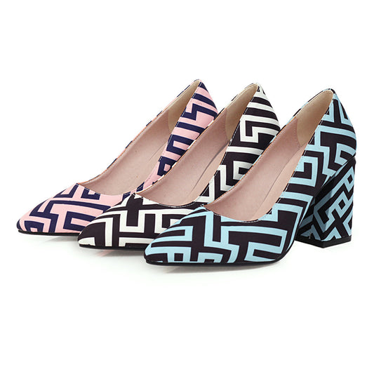 Printed Single Shoes with Light Pointed Toes and Thick Heels