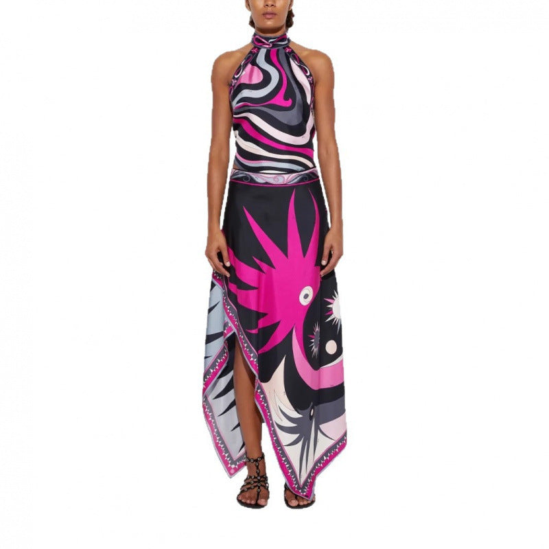 Printed Satin Halter Backless Top Irregular Skirt Two-piece Suit