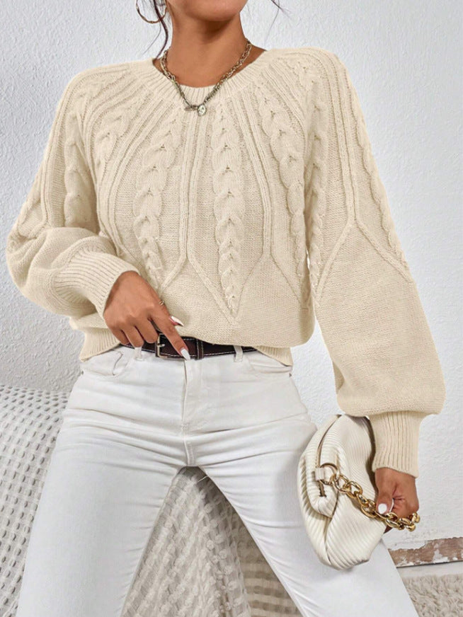 Round Neck Knitted Sweater Female Twist Thread Solid Color Versatile Casual Top