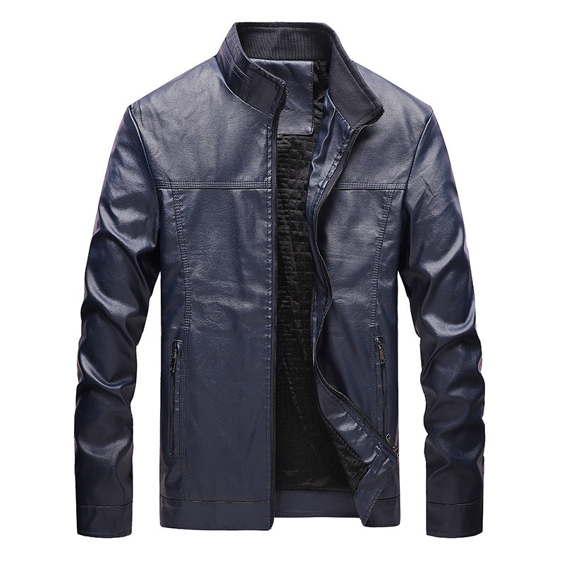 Stand-up collar solid color large size leather men's jacket