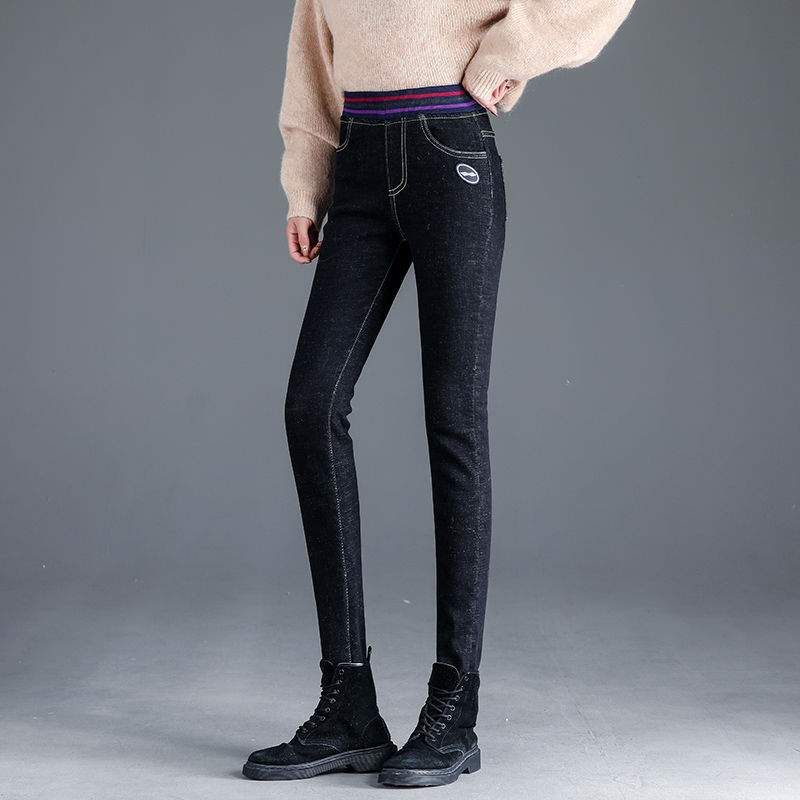 Women's warm stretch and velvet elastic waist jeans for winter
