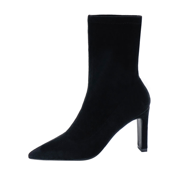 Short Boots Women's High-Heeled Thick And Pointed Black Stretch Thin Boots