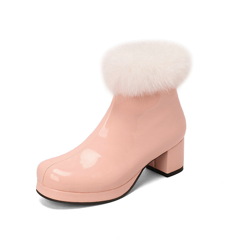Womens Short Boots For Fall Winter Patent Leather Chunky Heel