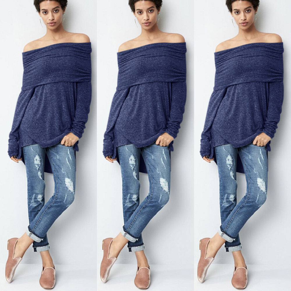 K8397 European And American Sexy One-word With Hat Long Sleeve Short Front And Long Back Hem Nightclub