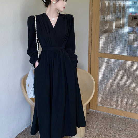 Elegant Long Sleeve V Neck Solid Color Dress