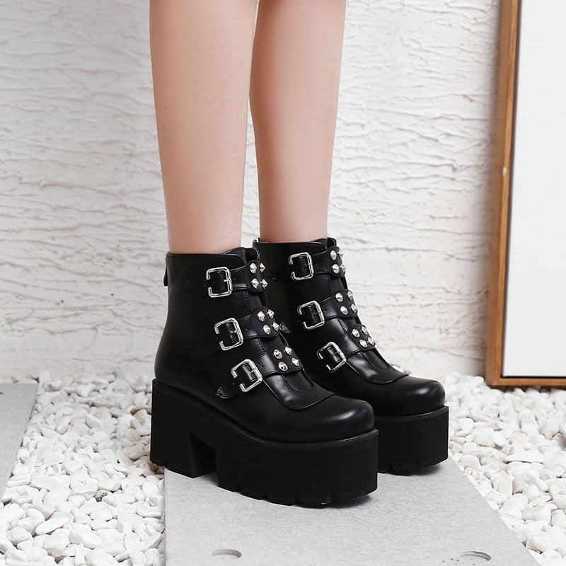 Belt Buckle Side Zipper High Heel Stage Boots Platform Shoes