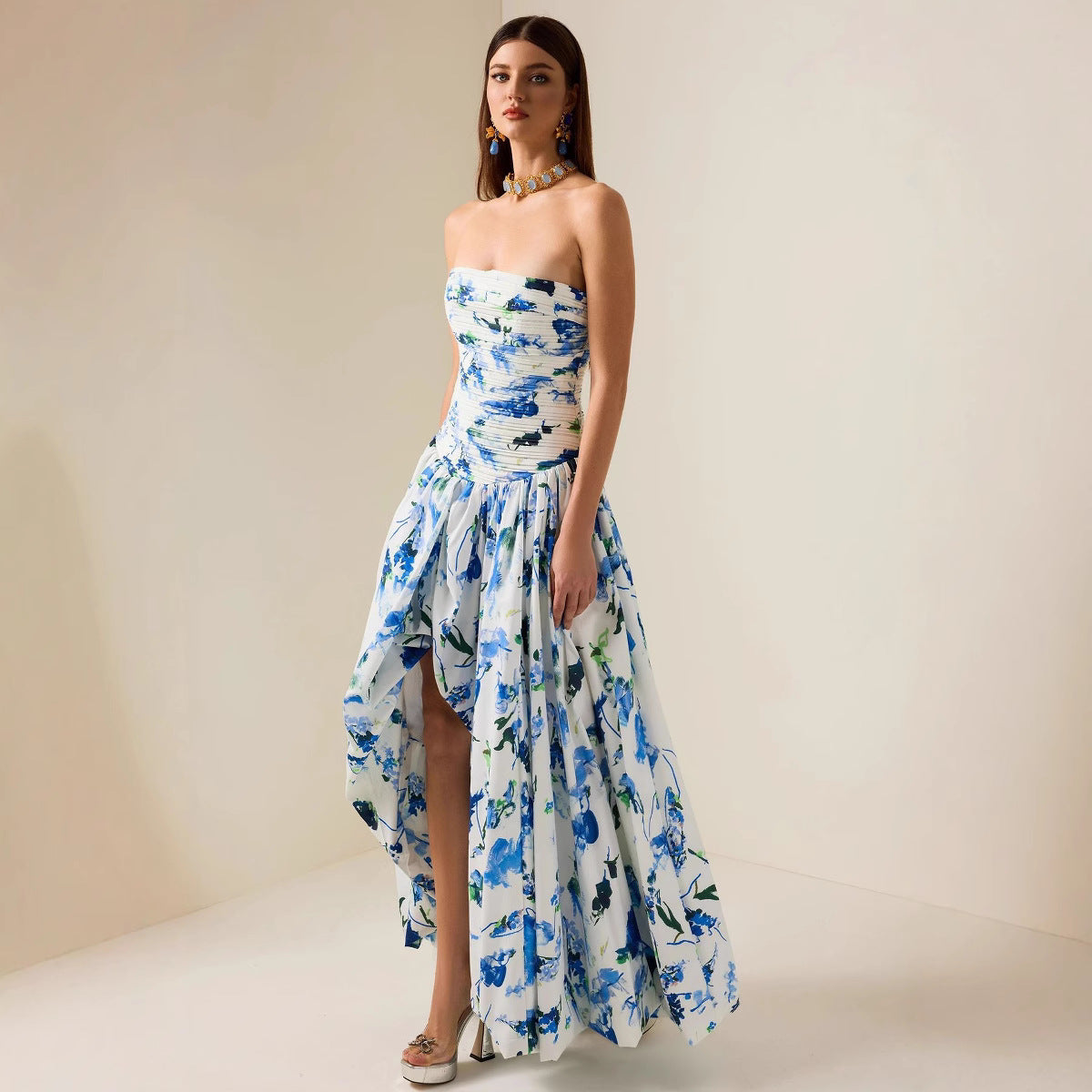 Ruched Waistline Tube Dress With A Floral Print Maxi Skirt