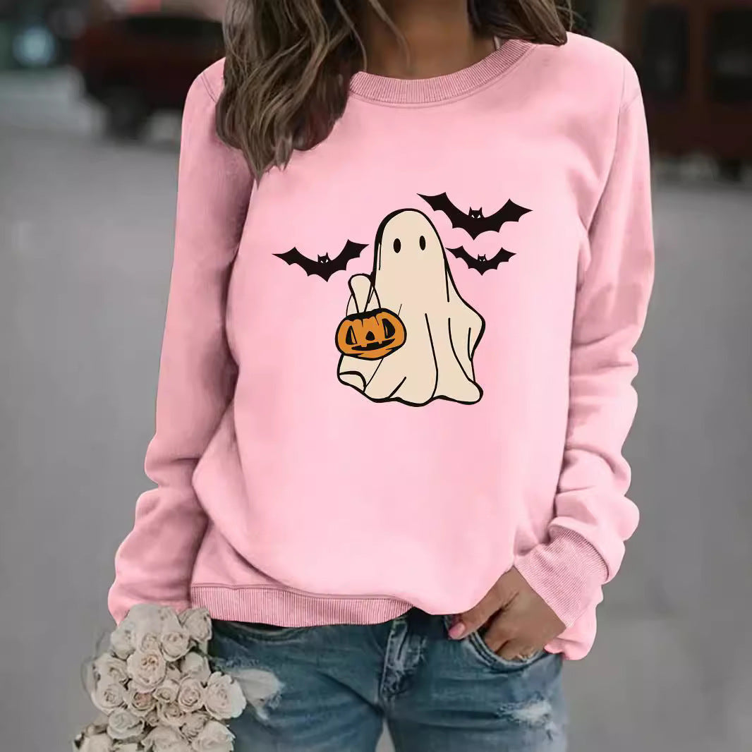 Halloween Casual Long Sleeve Round Neck Cartoon Ghost Print Pullover Sweater Sweatshirt