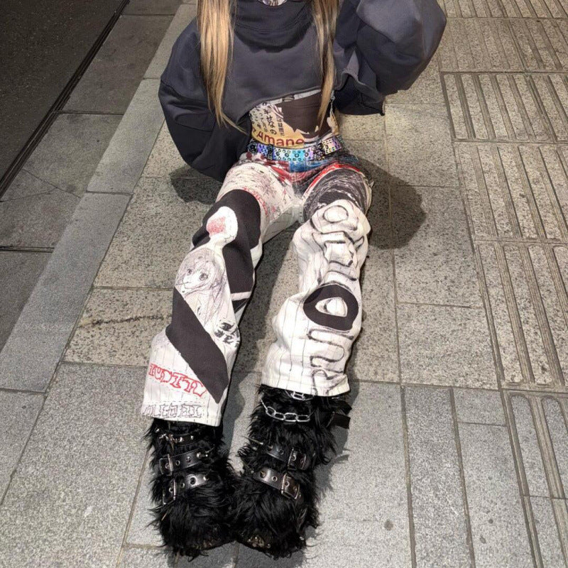 American Spicy Girl Graffiti Print Jeans For Men And Women, New Autumn And Winter Style