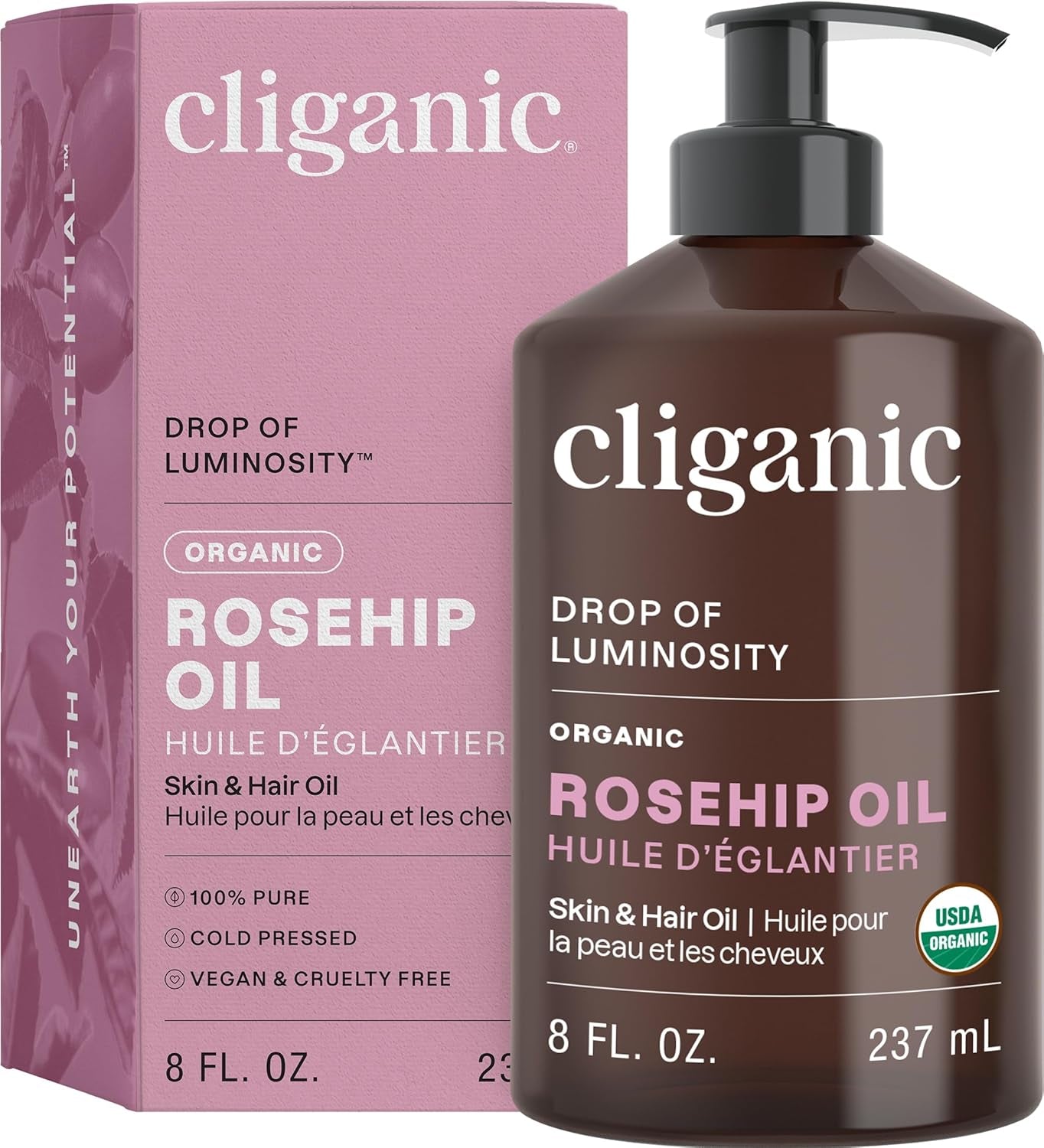 Organic Rosehip Seed Oil for Face, 100% Pure | Natural Cold Pressed Unrefined Non-Gmo | Carrier Oil for Skin, Hair & Nails (Packaging May Vary)