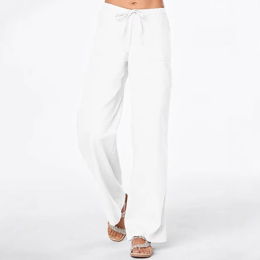 Solid-color Drawstring-pocket Loose Casual Wide-leg Linen Pants