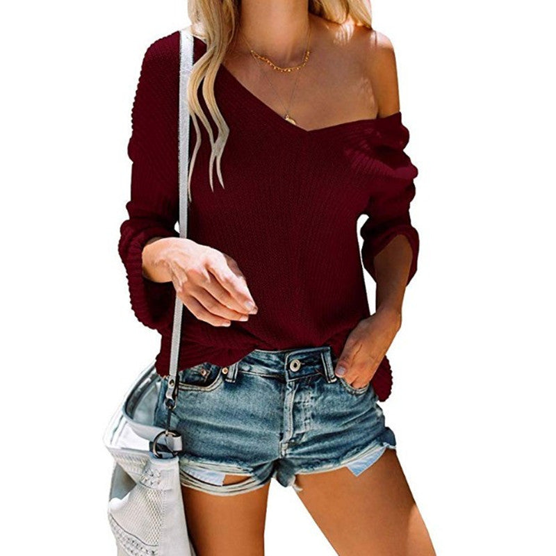 Women's V-neck Autumn And Winter New Long-sleeved Wool Top
