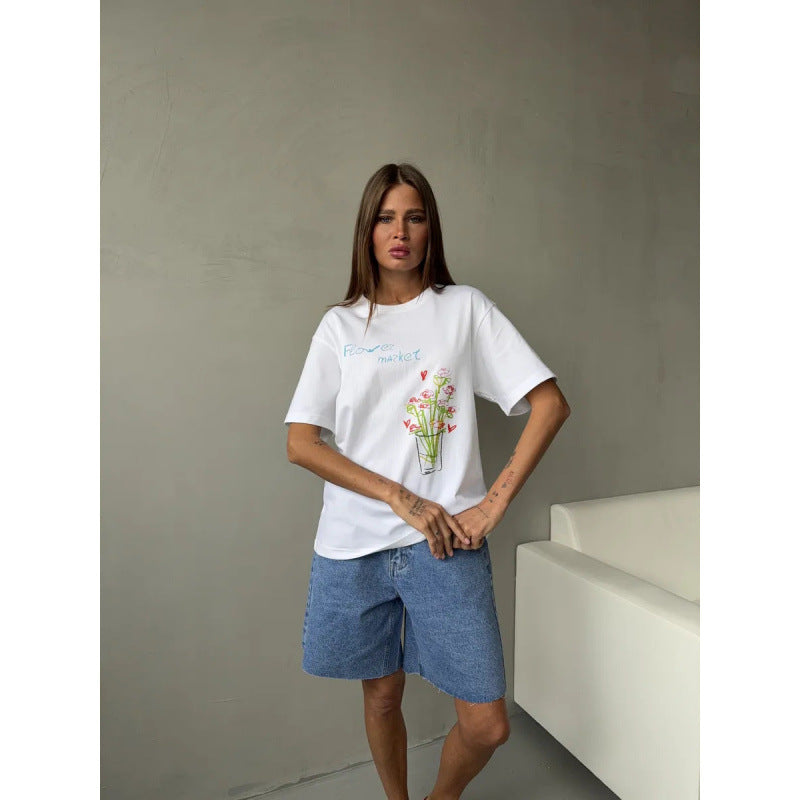 All-match Commuter-friendly Cotton Short-sleeve Top With A Printed Design