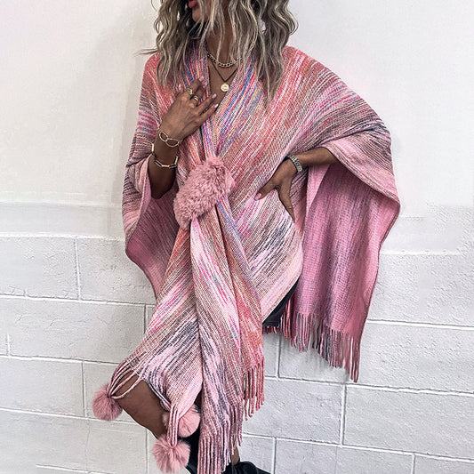 Contrast Color Wool Ball Tassel Knitted Shawl Coat For Women