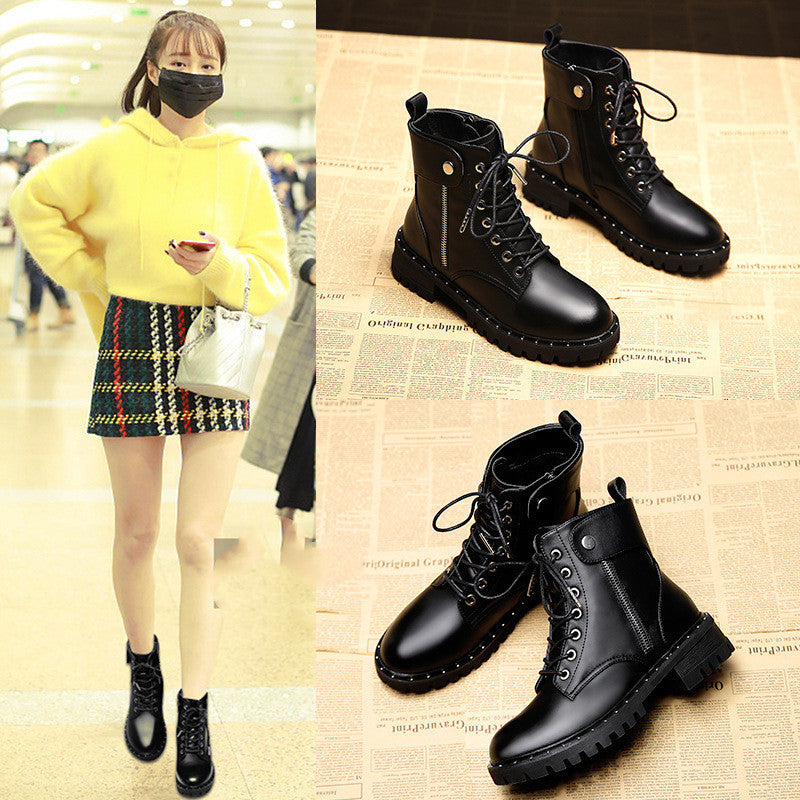Martin Boots Women's New Autumn And Winter Plus Velvet Thick Bottom All-match Thick Heel