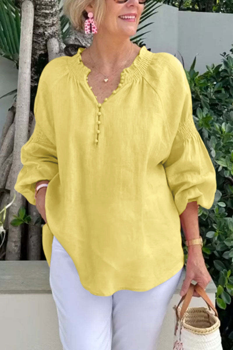 Womens Casual V-Neck Solid Color Cotton-Linen Long-Sleeve Top