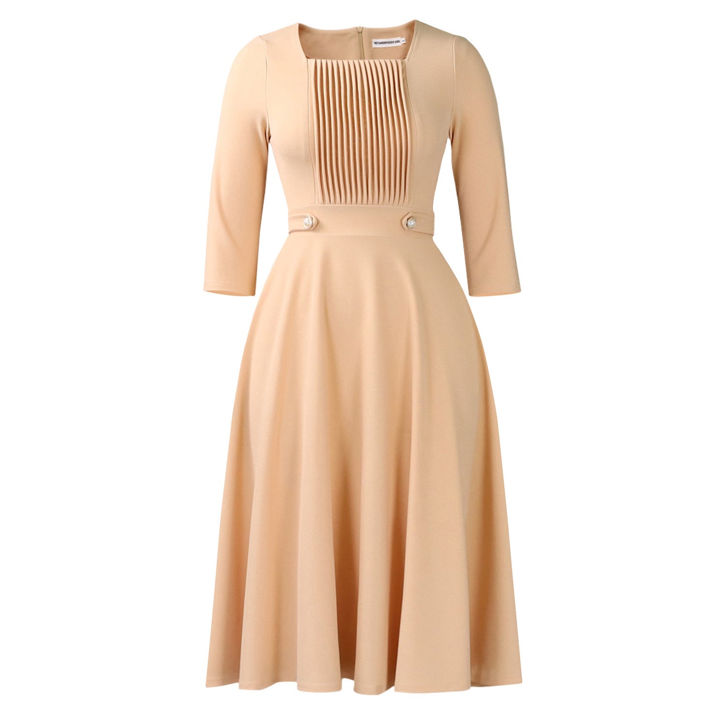 Fashionable Square-Neck Solid-Color Pleated Plus-Size Dress