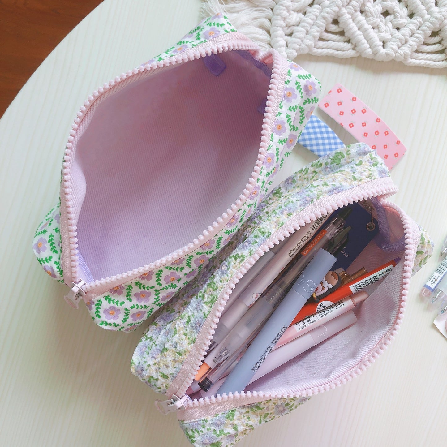Cream Light Purple Salt Floral Pen Bag