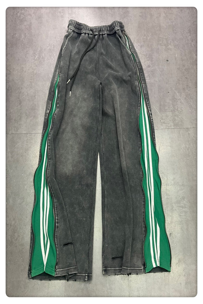 Design Sense Side Zipper Two-way Three Bars Mop Wide Leg Pants