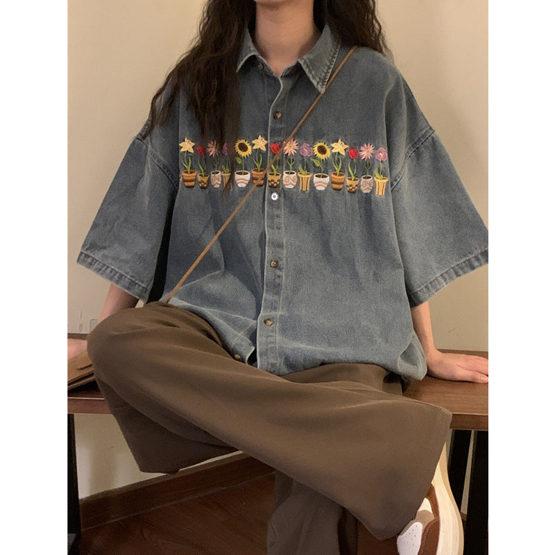 Vintage Embroidered Washed Distressed Short Sleeve Shirt Coat
