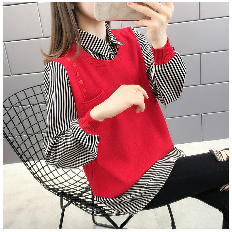 Fake Two-piece Women's Long-sleeved Shirt Collar Knitted Sweater