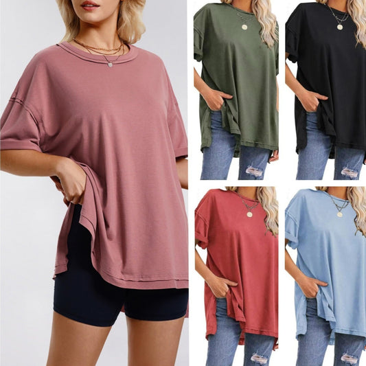 Women's Solid Color Cotton Round Neck Slits On Both Sides Loose T-shirt
